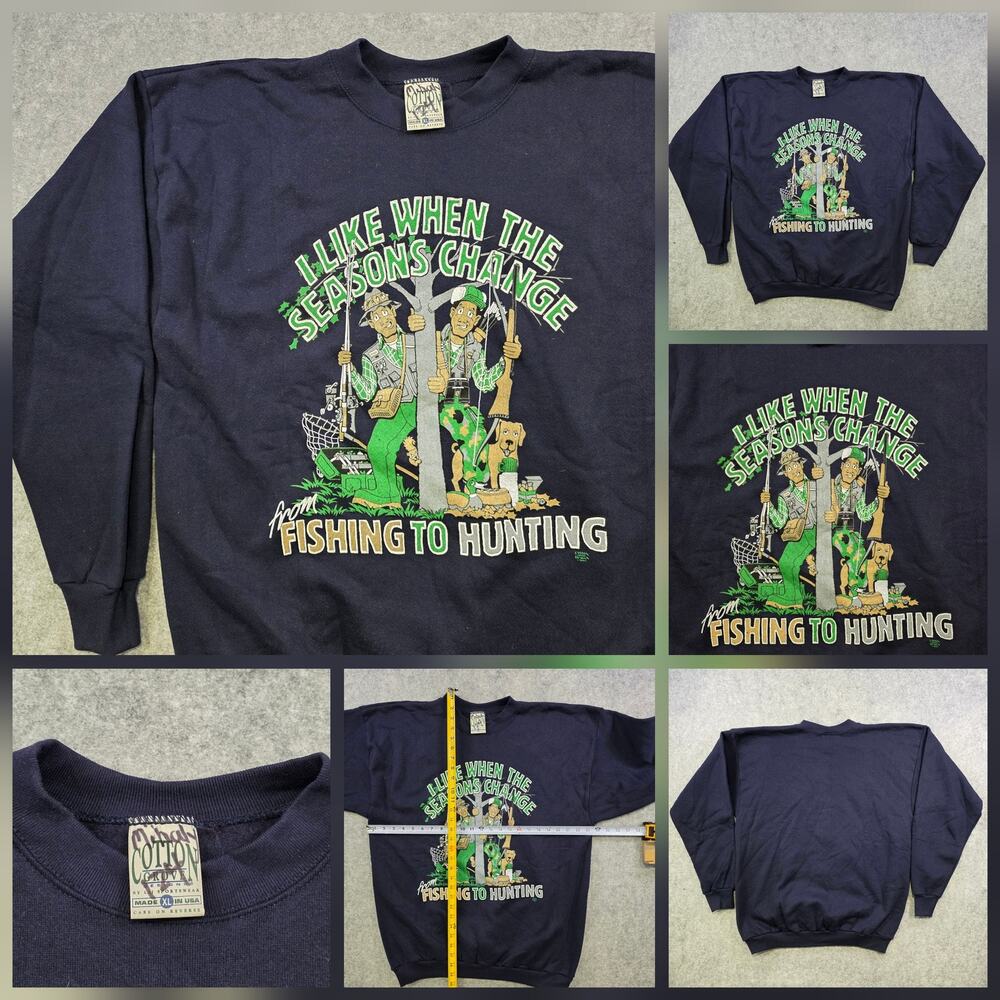 Vintage Cotton Grove Designs Sweatshirt Mens XL Navy Fishing Hunting Graphic USA